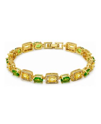 Peridot Oval and Lemon Yellow Baguette Cubic Zirconia Pave Halo Bracelet 