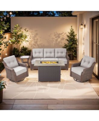 5-Piece Wicker Patio Conversation Set with Thick Cushions and Fire Pit Table