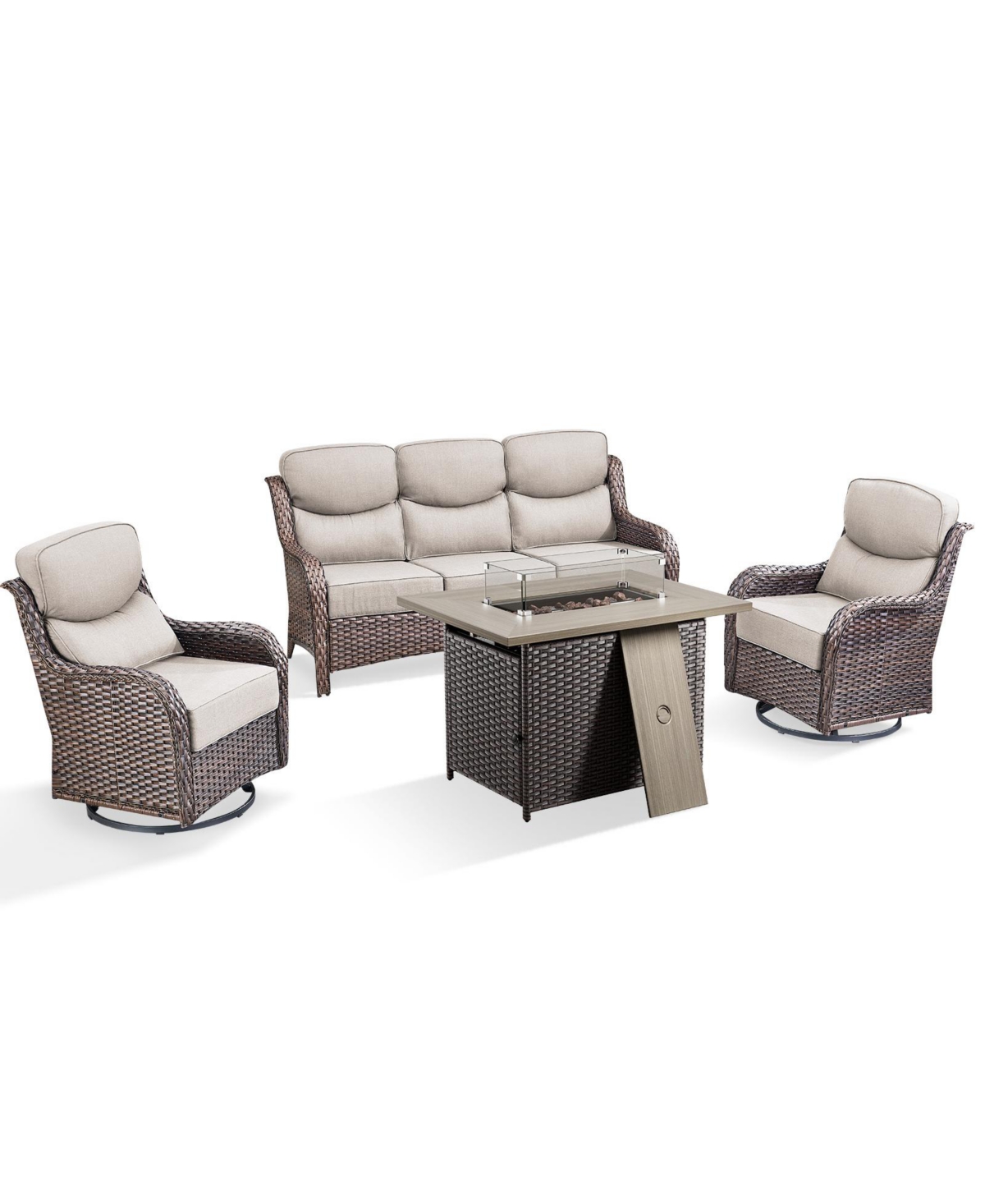 Pocassy 6-Piece Patio Set with High Back Swivel Chairs, 6 Cushions, Fire Pit Table, and Ottomans