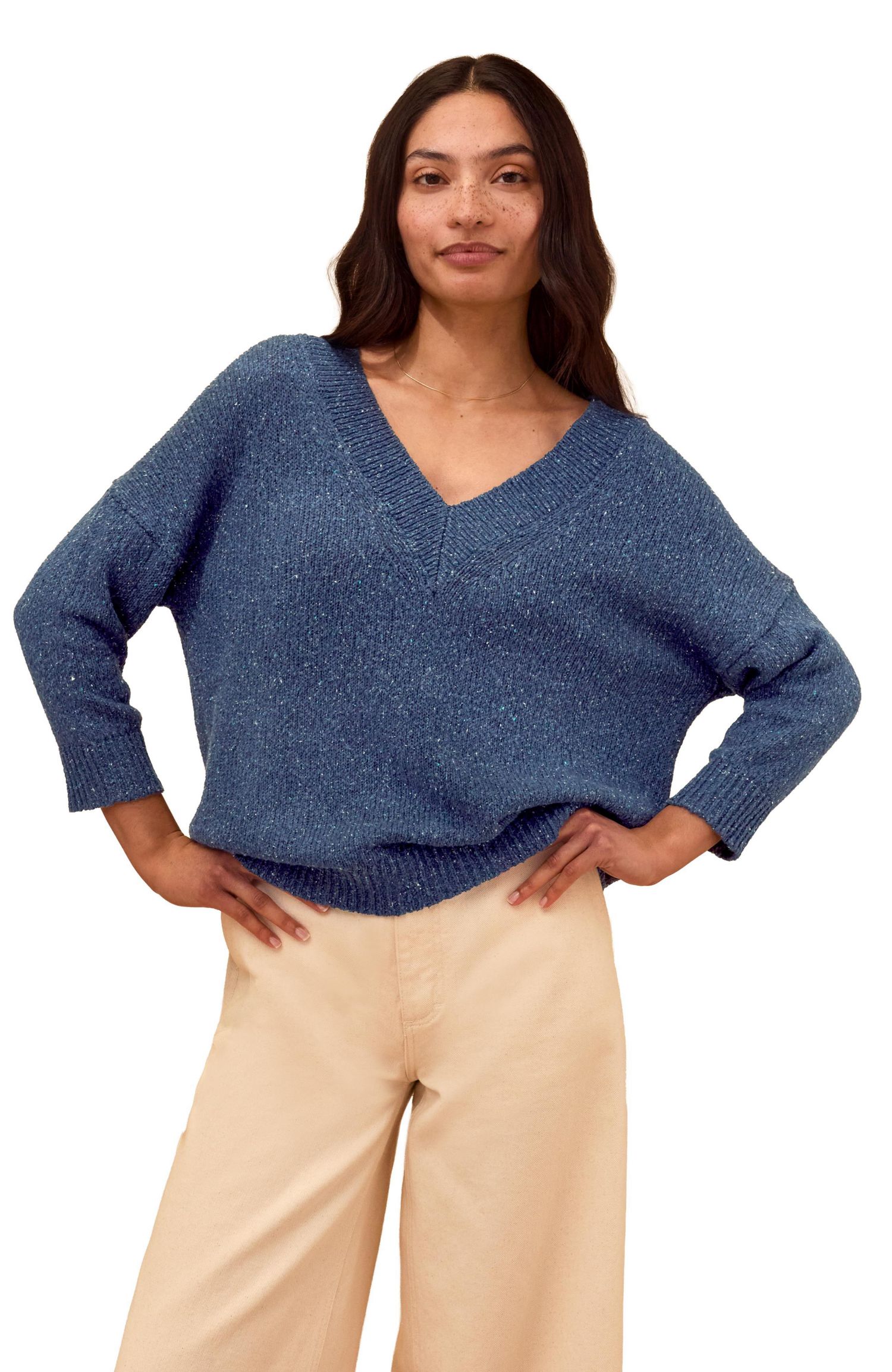 Women's Cotton Blend Flecked V-Neck Sweater