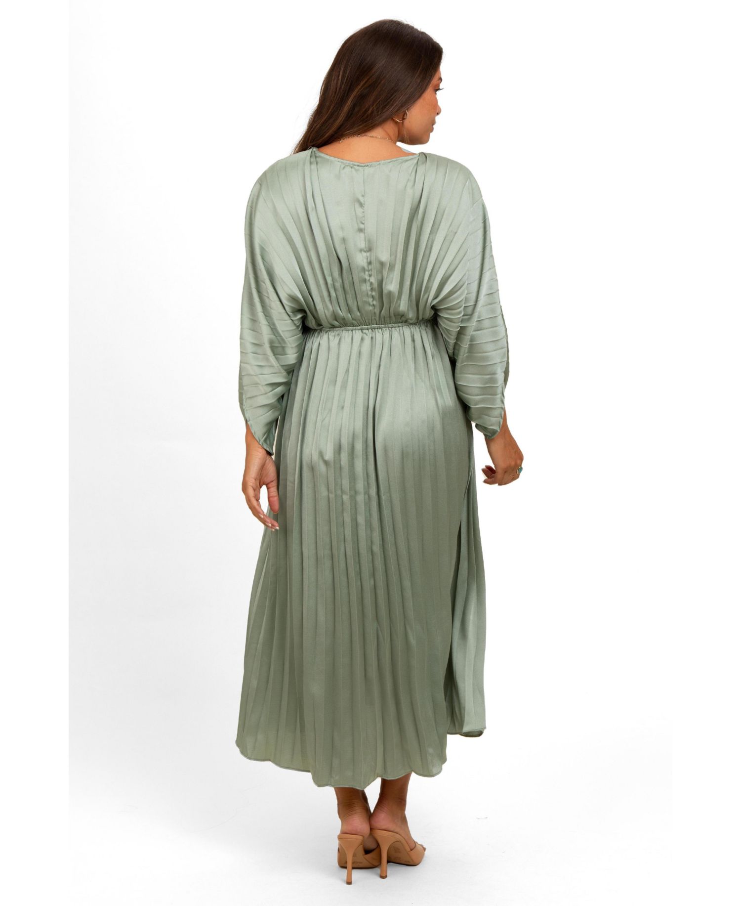 Women's Satin Pleated V-Neck Maxi Dress