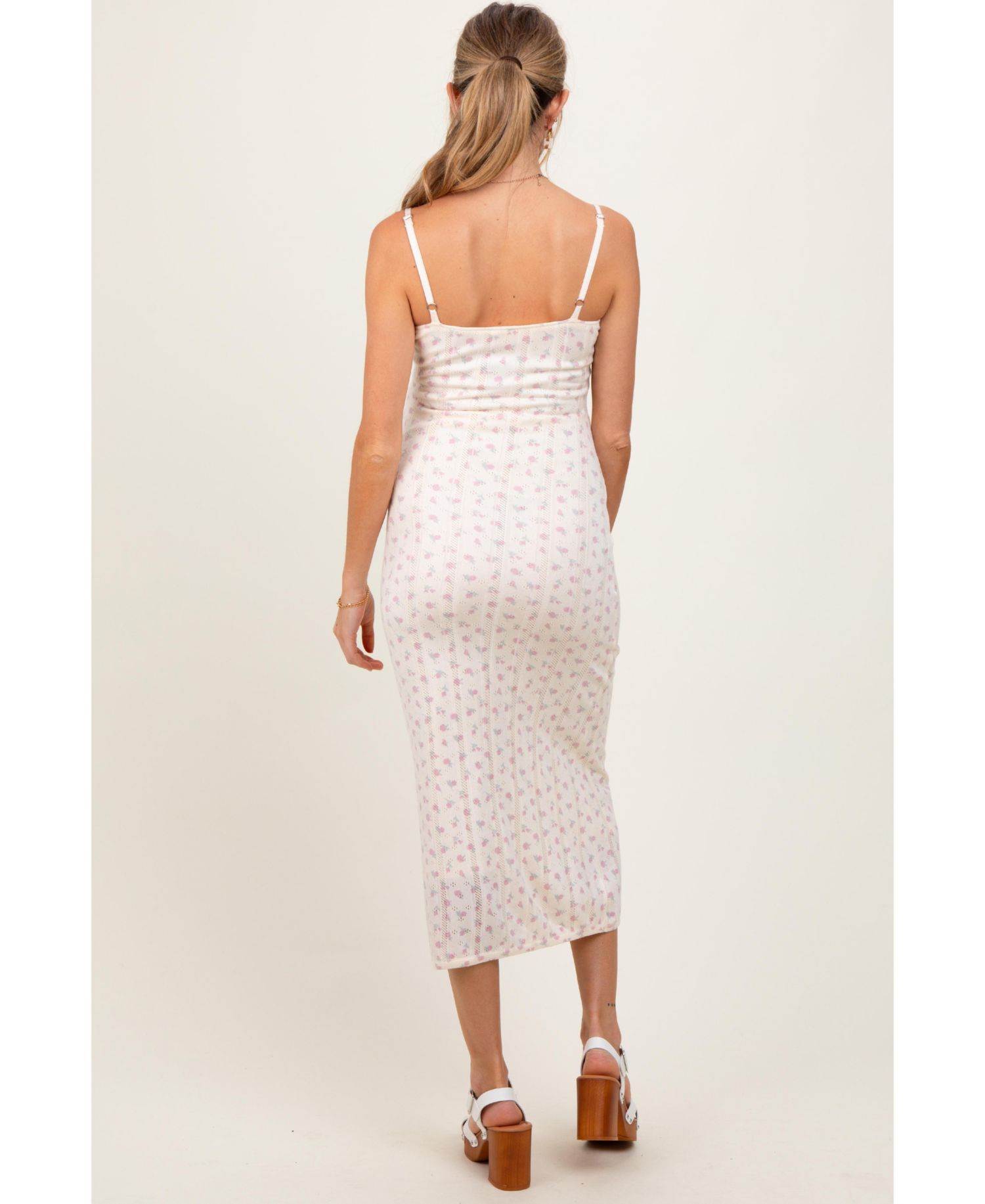 Women's Ivory Floral Pointelle Knit Midi Dress