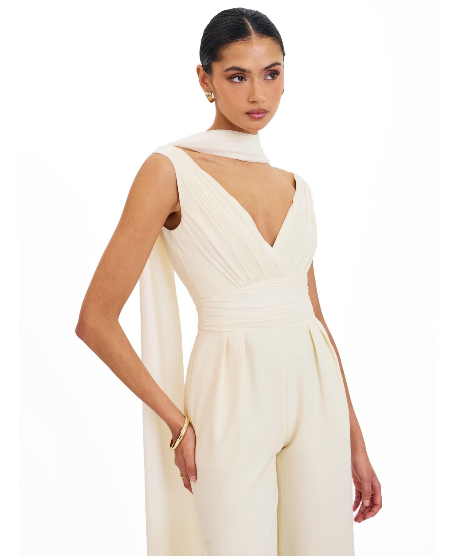 Women's Harper Ivory Ruched V-Neck Jumpsuit with Scarf