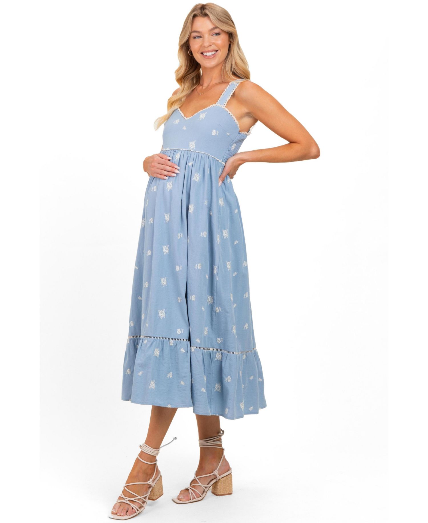 Women's Light Blue Vintage Floral Smocked Midi Dress