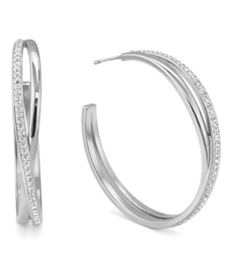 Criss Cross Clear Crystal C Hoop Earring, Gold Plate and Silver Plate