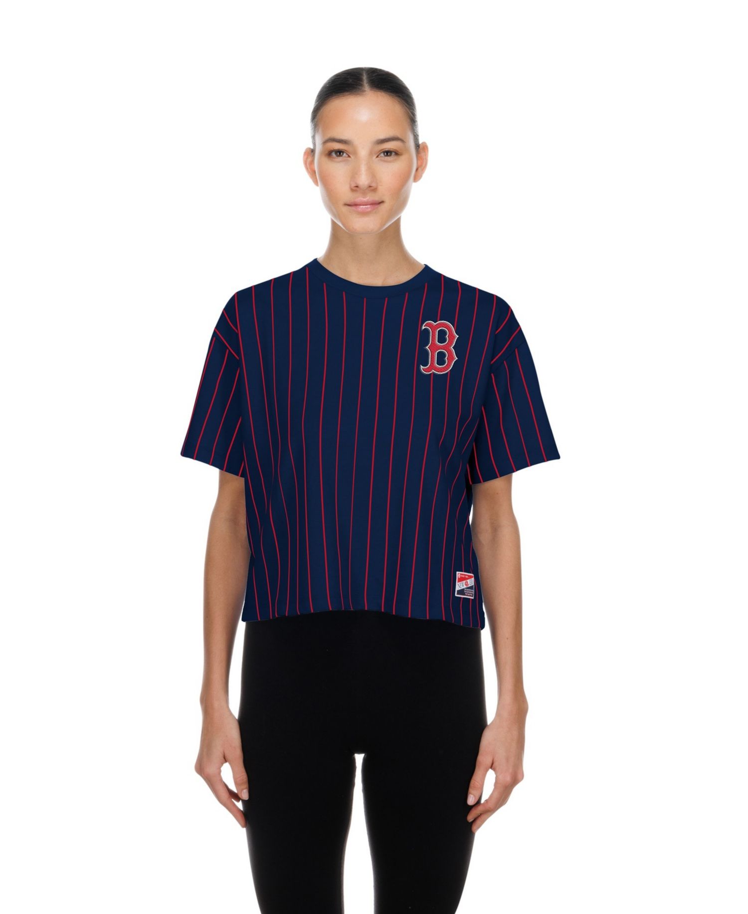 Women's Navy Boston Red Sox Throwback Meshback Pinstripe Boxy T-Shirt