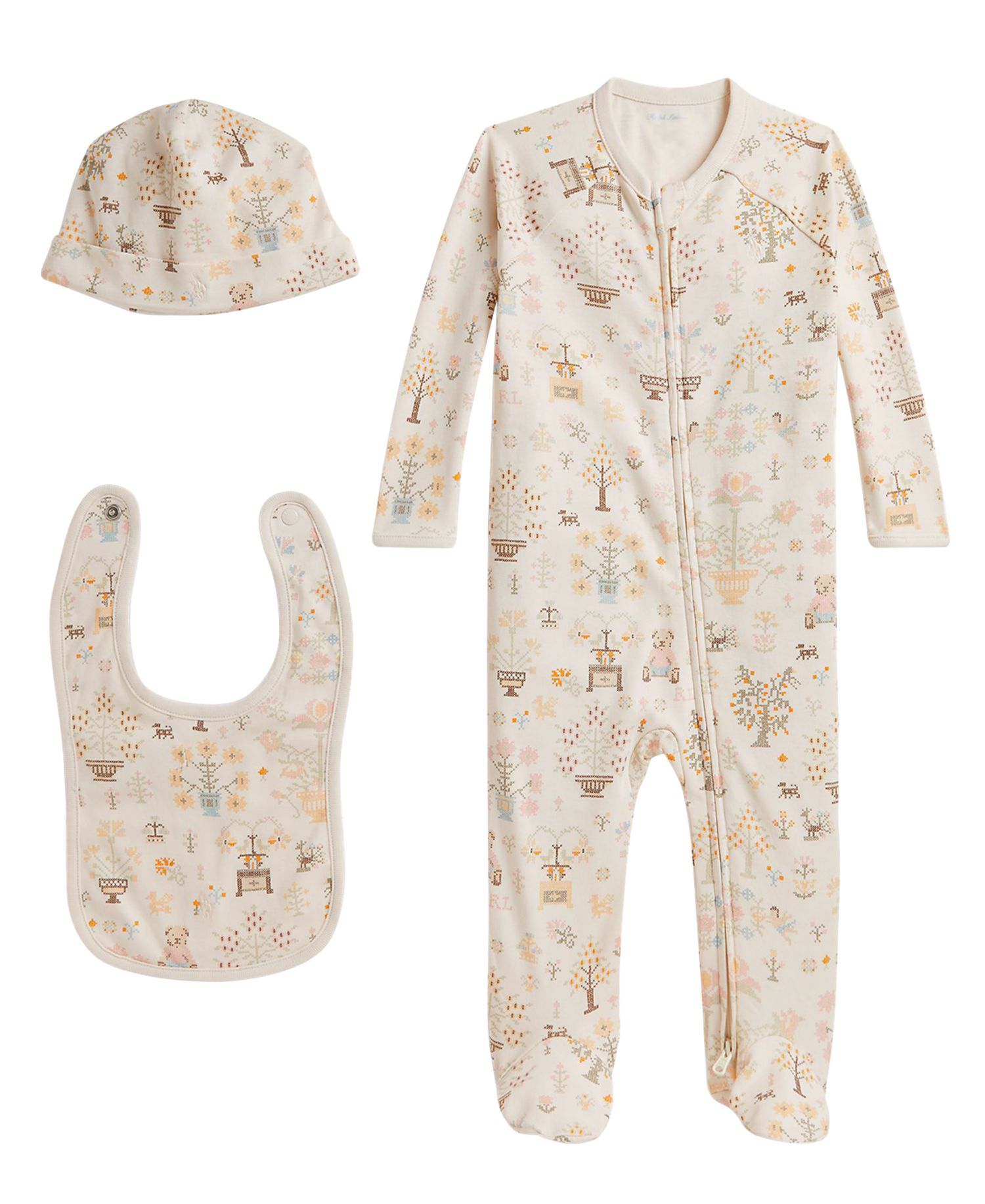 Baby Girls' Polo Bear Cotton Long-Sleeve One-Piece, Bib and Beanie Hat, 3-Piece Set