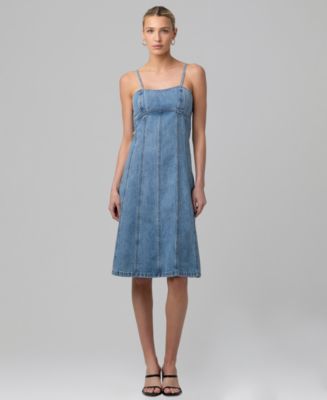 denim dress no buttons Sing-A-Long Sleeveless Round Neck Button Down Denim Dress