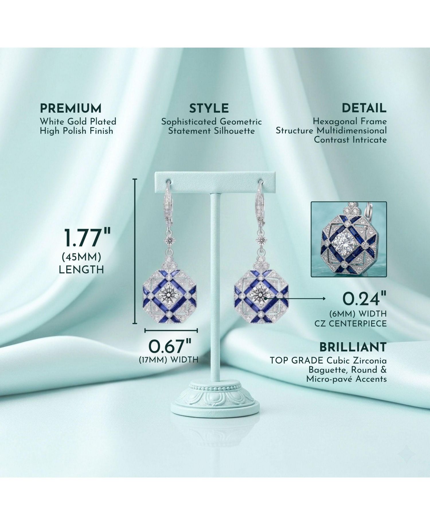 White Gold Plated Geometric CZ Statement Drop Earrings