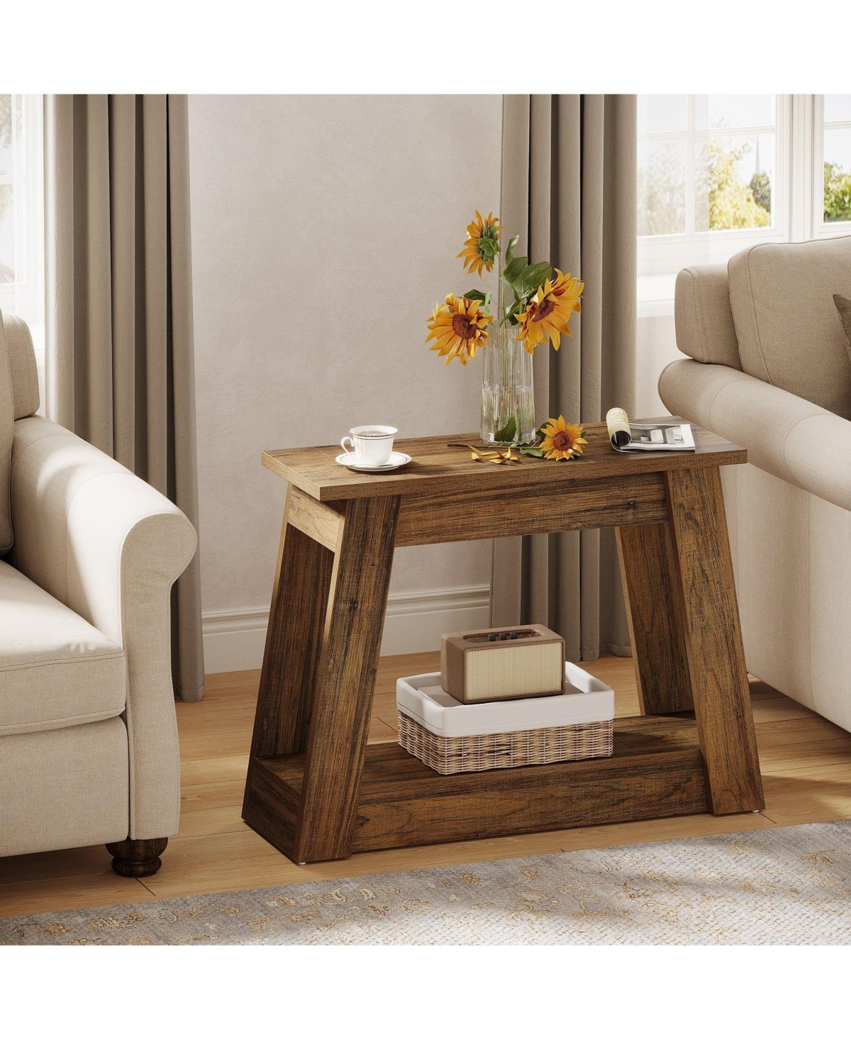 Slickblue Small Wooden Side Table with 2 Tier Storage Shelves