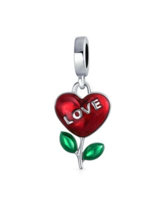 Love Grows Red Enamel Heart Dangle Flower Charm Bead .925 Sterling Silver Fits European Bracelet