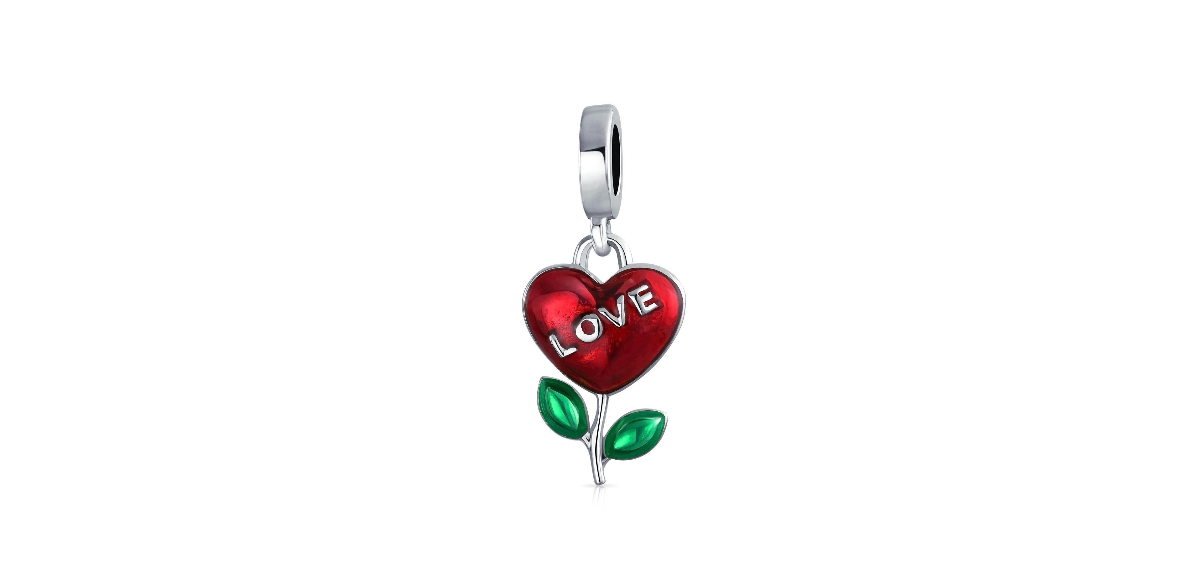 Bling Jewelry Love Grows Red Enamel Heart Dangle Flower Charm Bead .925 Sterling Silver Fits European Bracelet