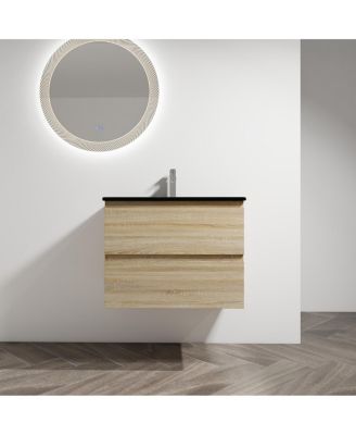 30 Inch Wall Mounted Bathroom Vanity with Ceramic Sink, Soft Close Drawers, Wood Grain Plywood for Modern Bathrooms