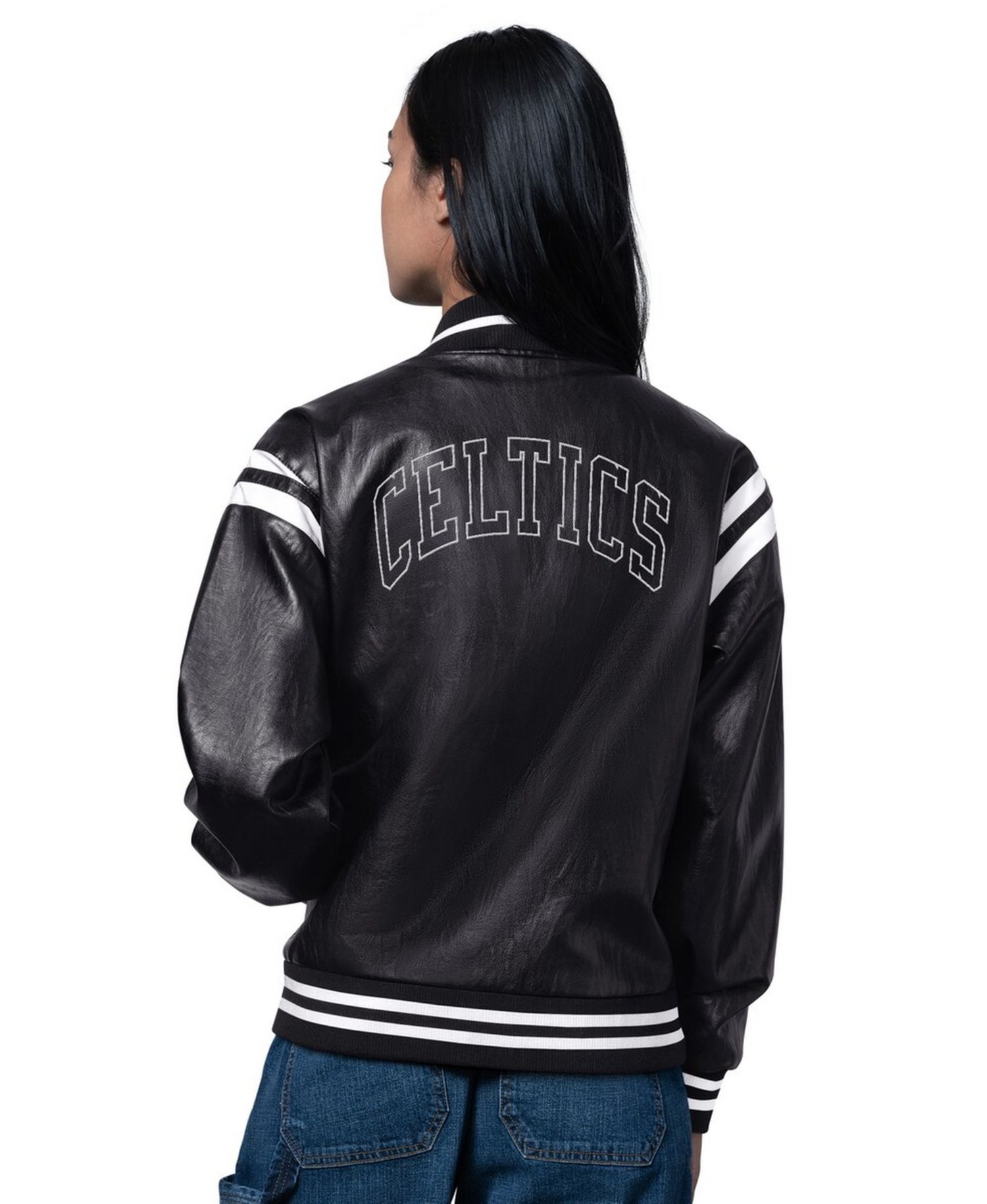 Women's Black Boston Celtics High Heat Leather Varsity Full-Snap Jacket