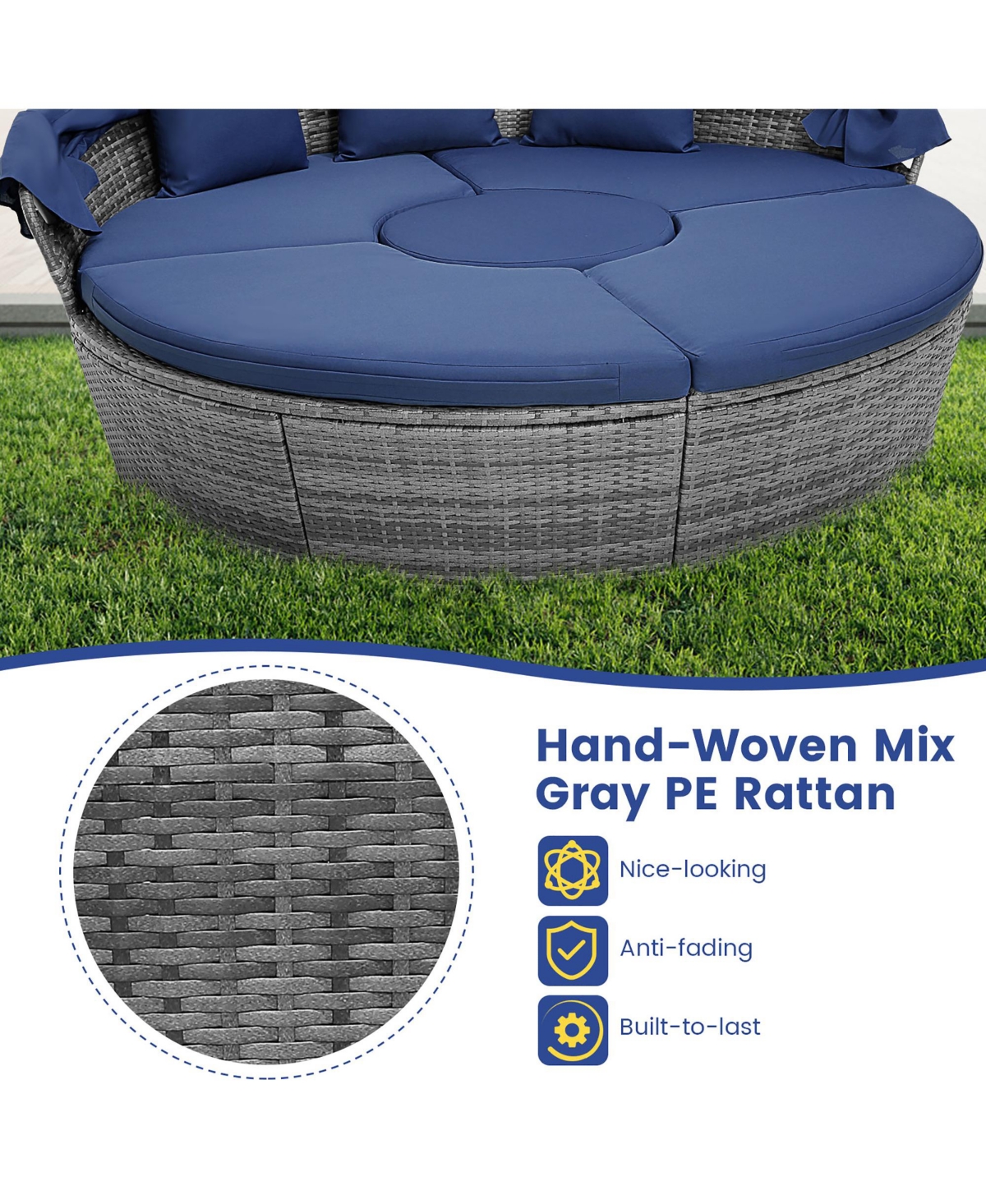 Gymax Outdoor Round Daybed with Retractable Canopy and Side Table Backyard Poolside Lawn