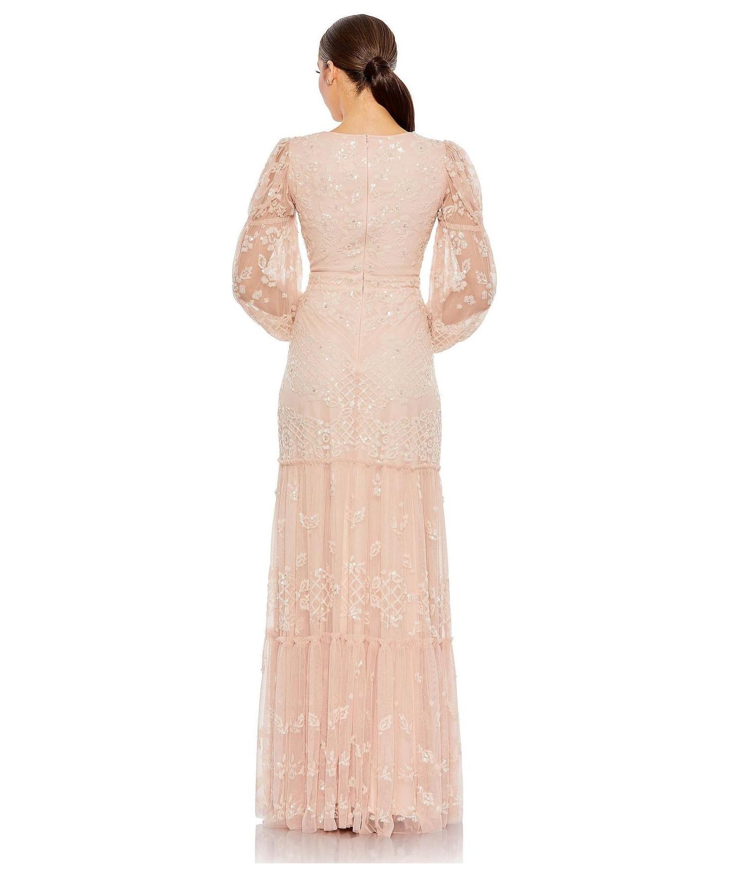 Women's Sequined Tiered Wrap Over Puff Sleeve Gown