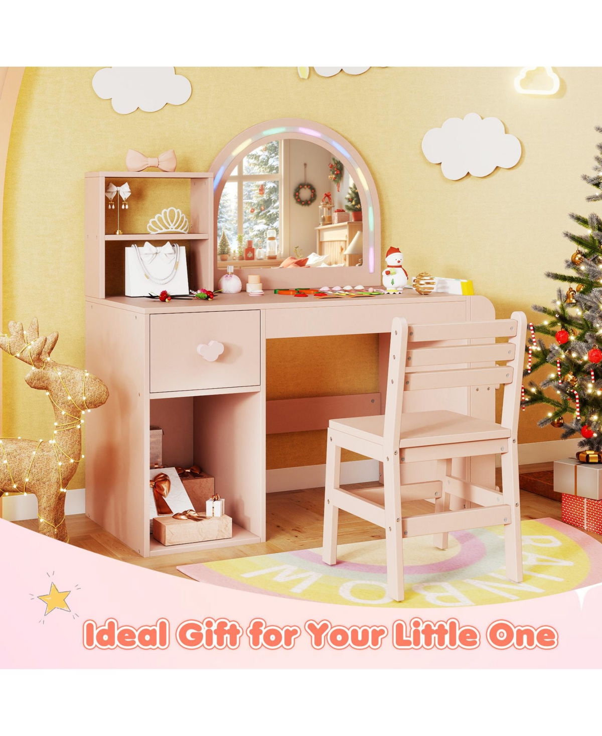 Gymax Kids Vanity Desk with Lights Open Bookshelf Storage Drawer Compartment and Shelves
