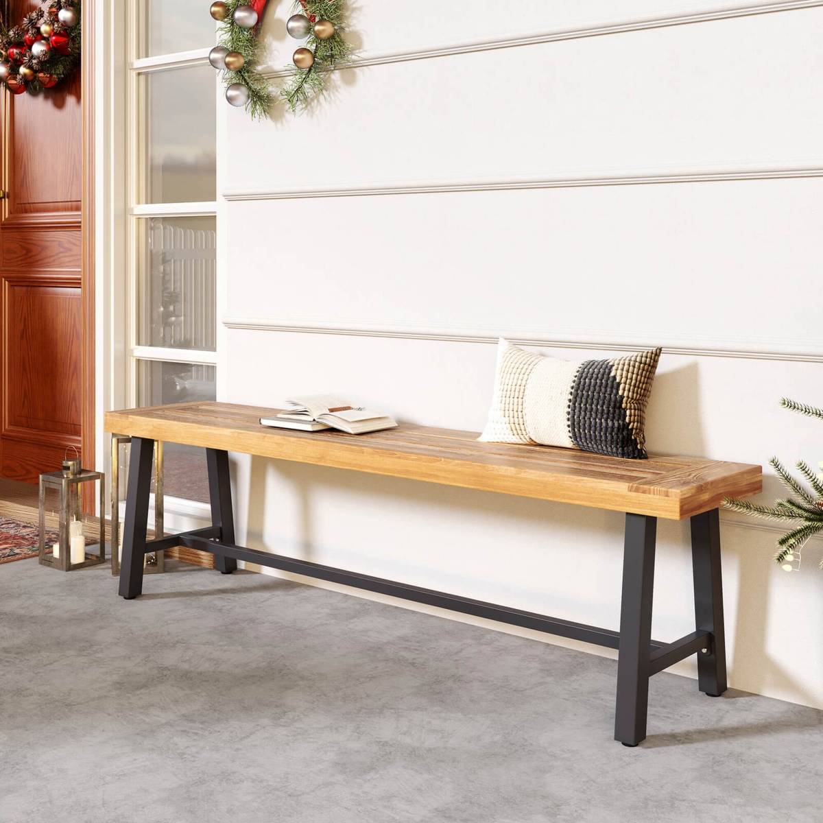Costway 63" Long Outdoor Acacia Wood Bench Seats up to 3 Persons for Garden Porch