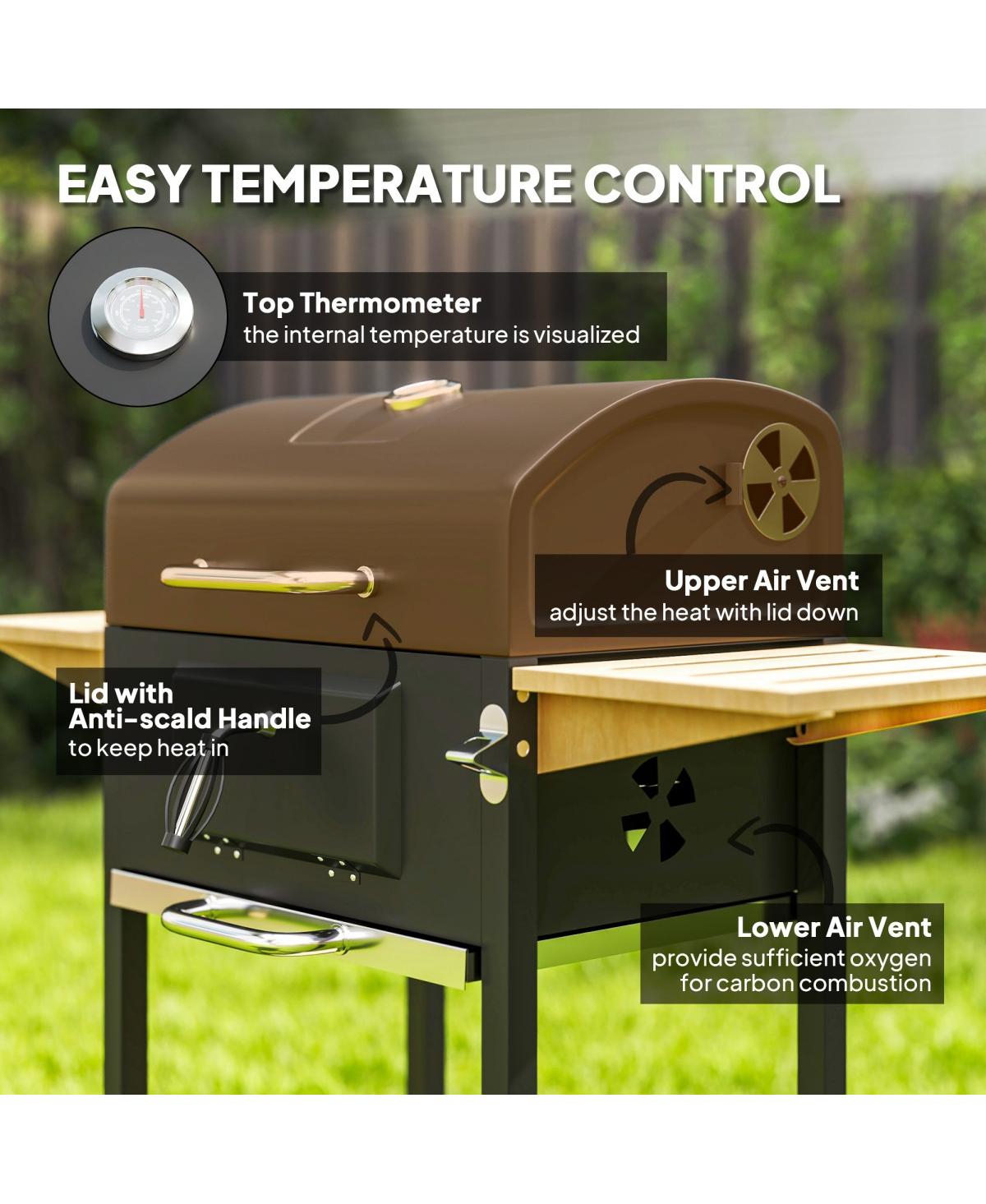 Asagikoiai Large Charcoal Bbq Grill with Thermometer, Wheels and Side Shelves