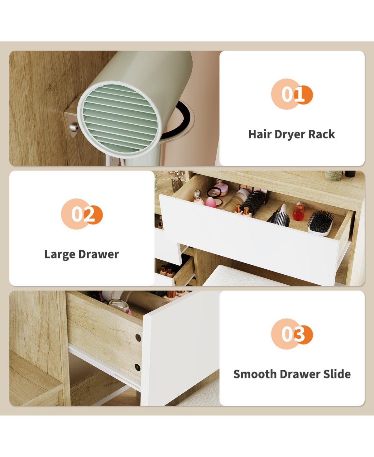 gaomon Lighted Vanity Mirror Desk with Adjustable Led Lights, 4 Drawers, Charging Station, Matching Stool and Large Hd Mirror, Makeup Vanity Desk