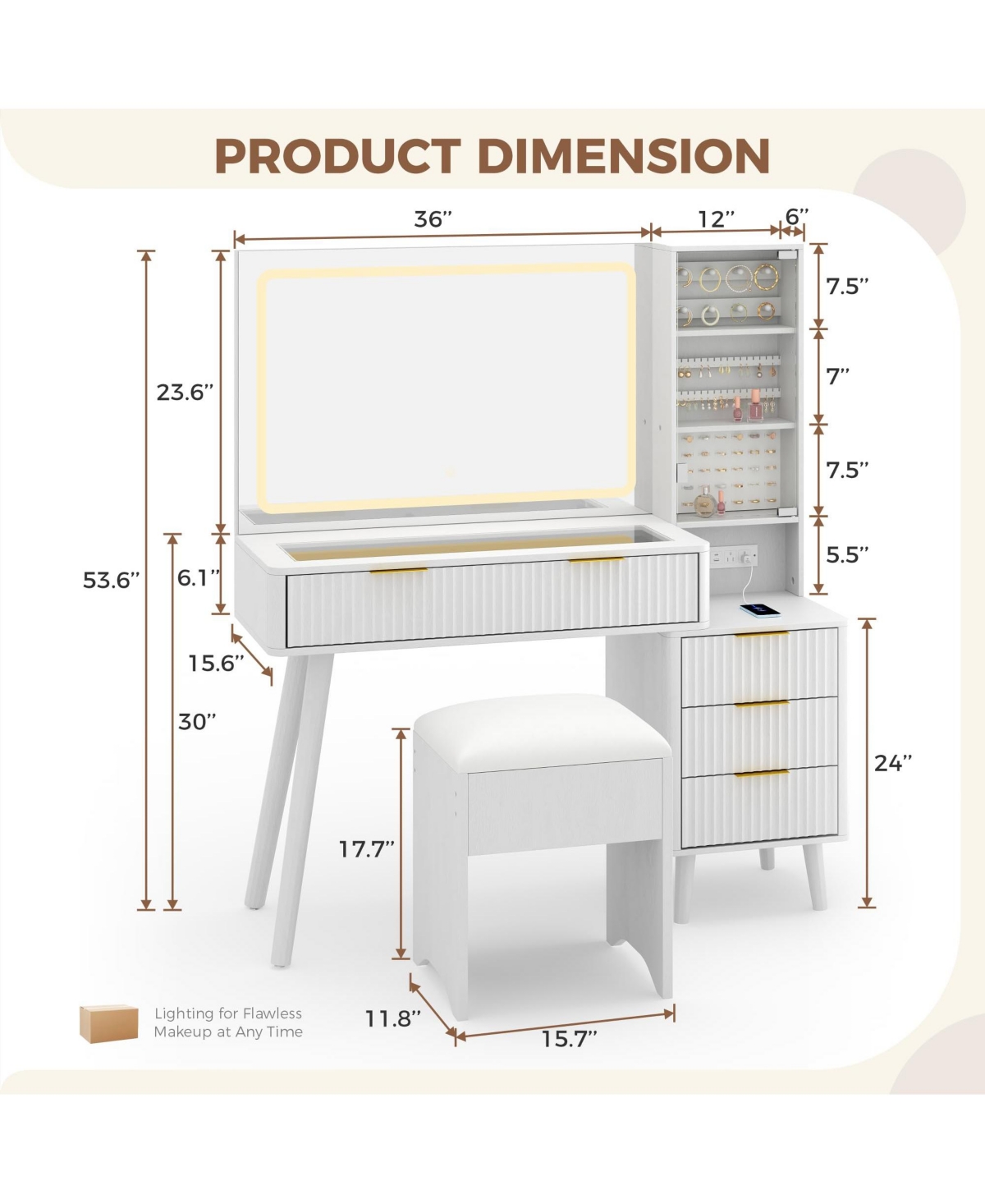 gaomon Vanity Desk with Lighted Mirror, Makeup Charging Station, Glass Top Dressing Table Cushioned Storage Stool for Bedroom