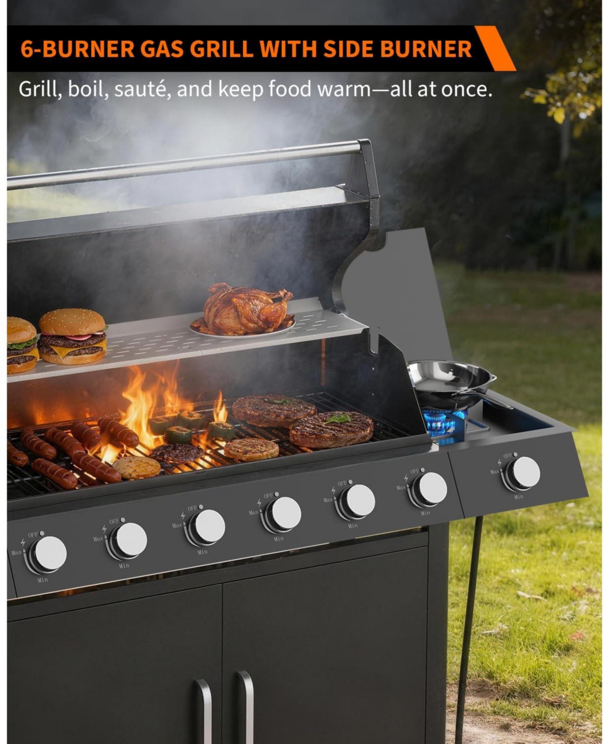 Xo Stainless Steel 60000 Btu Portable 6+1 Burners Propane Gas Bbq Grill for Backyard, Camping and Tailgating