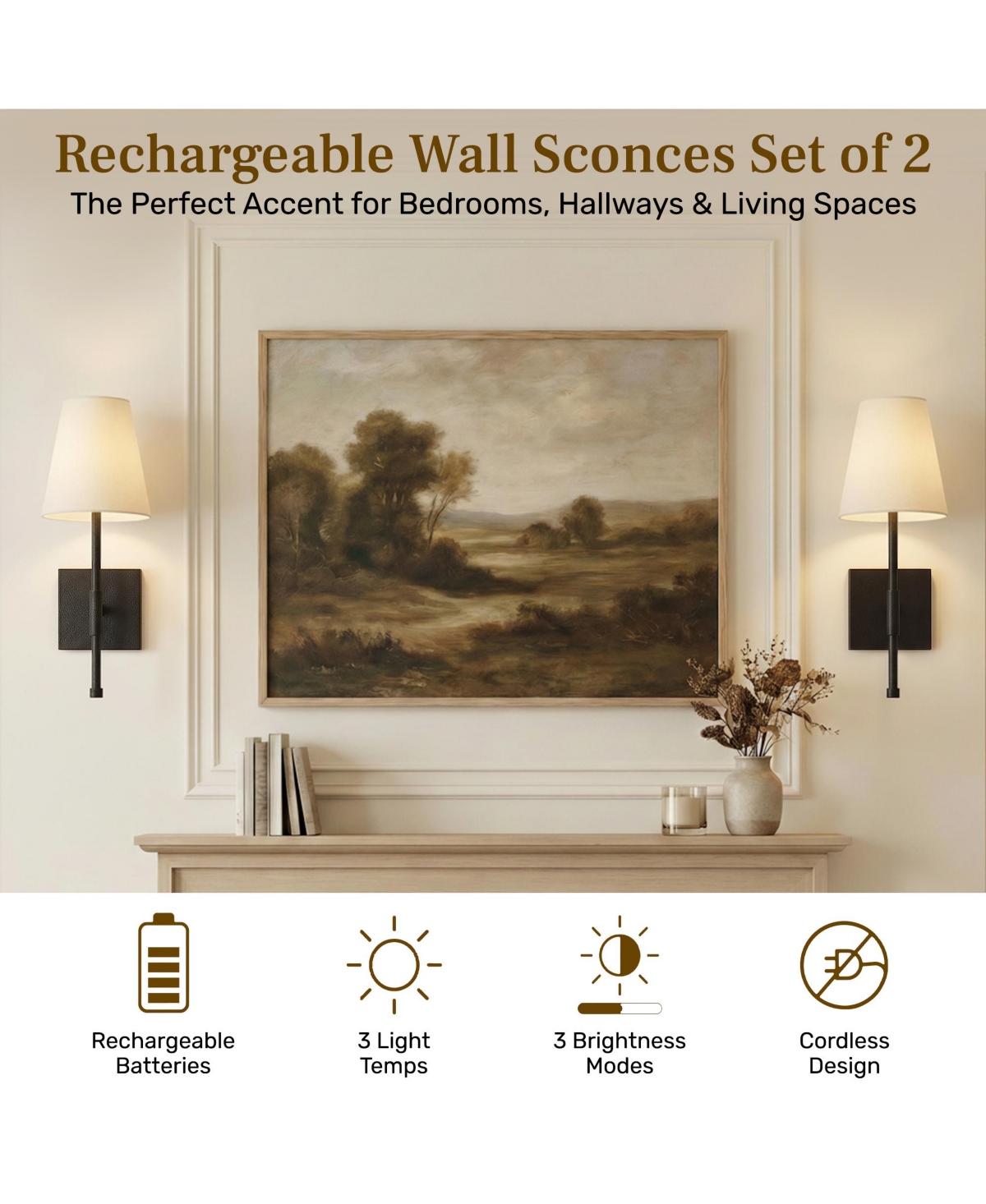 Bell + Howell Set of 2 Fabric Smooth Shade Dimmable Led Rechargeable Cordless Touch Control Lights Wall Sconces