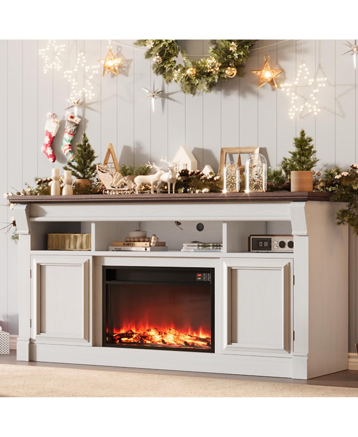 homfan 58" Farmhouse Fireplace Tv Stand, Entertainment Center with Open Storage Cabinets for TVs Up to 75", Media Console for Living Room