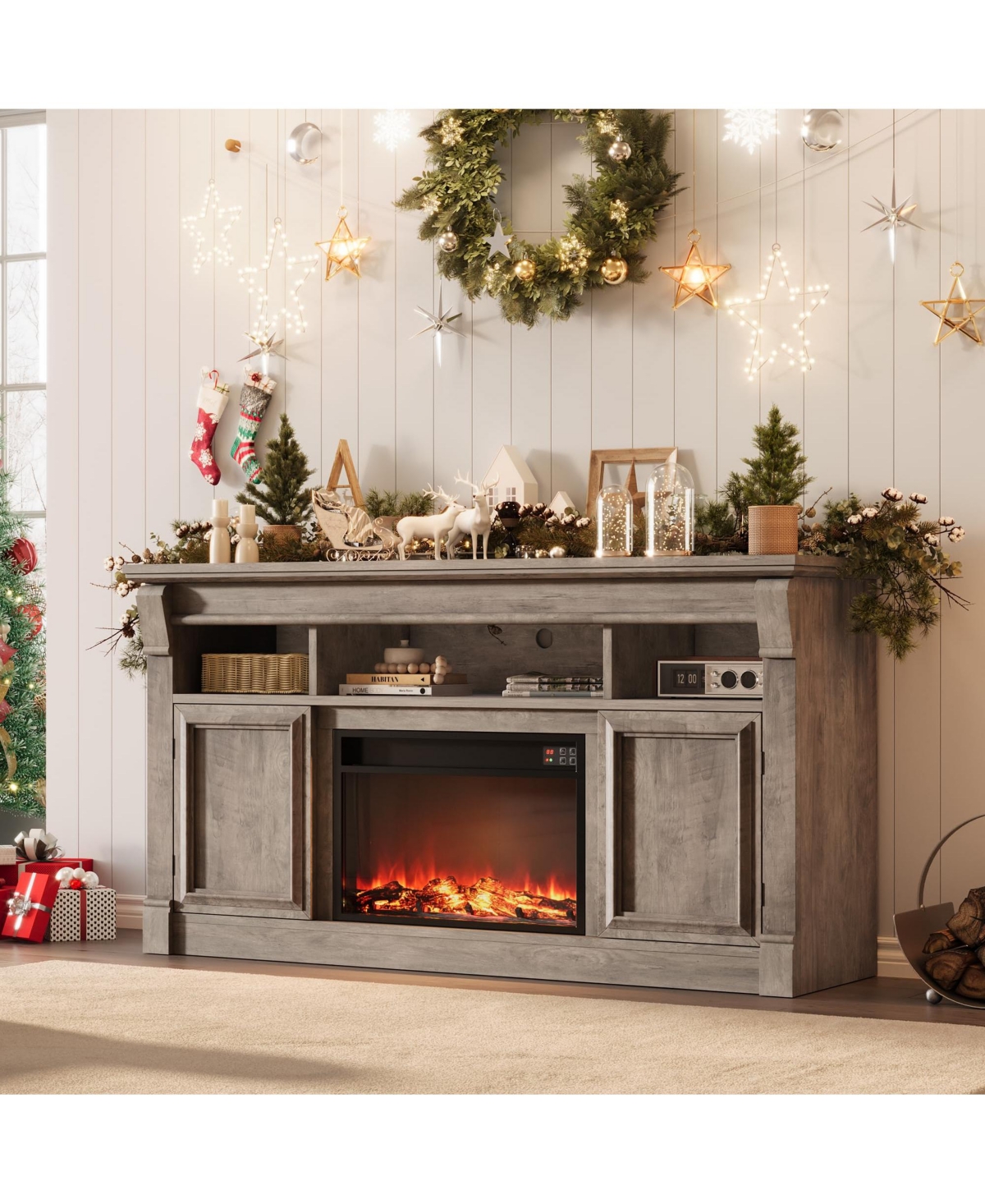 homfan 58" Fireplace Tv Stand for TVs Up to 65, Modern Farmhouse Entertainment Center with 30'' Electric Fireplace, Remote Control Realistic 3D Flame