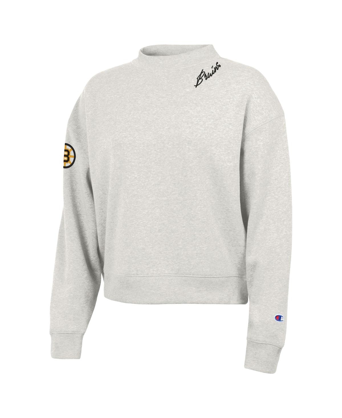 Champion Women's Oatmeal Boston Bruins Collar Script Triumph Fleece Crewneck Sweatshirt