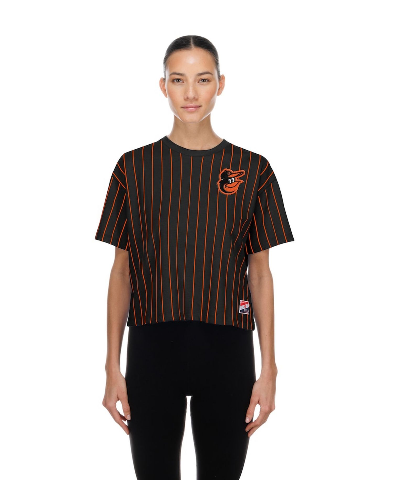 Women's Black Baltimore Orioles Throwback Meshback Pinstripe Boxy T-Shirt