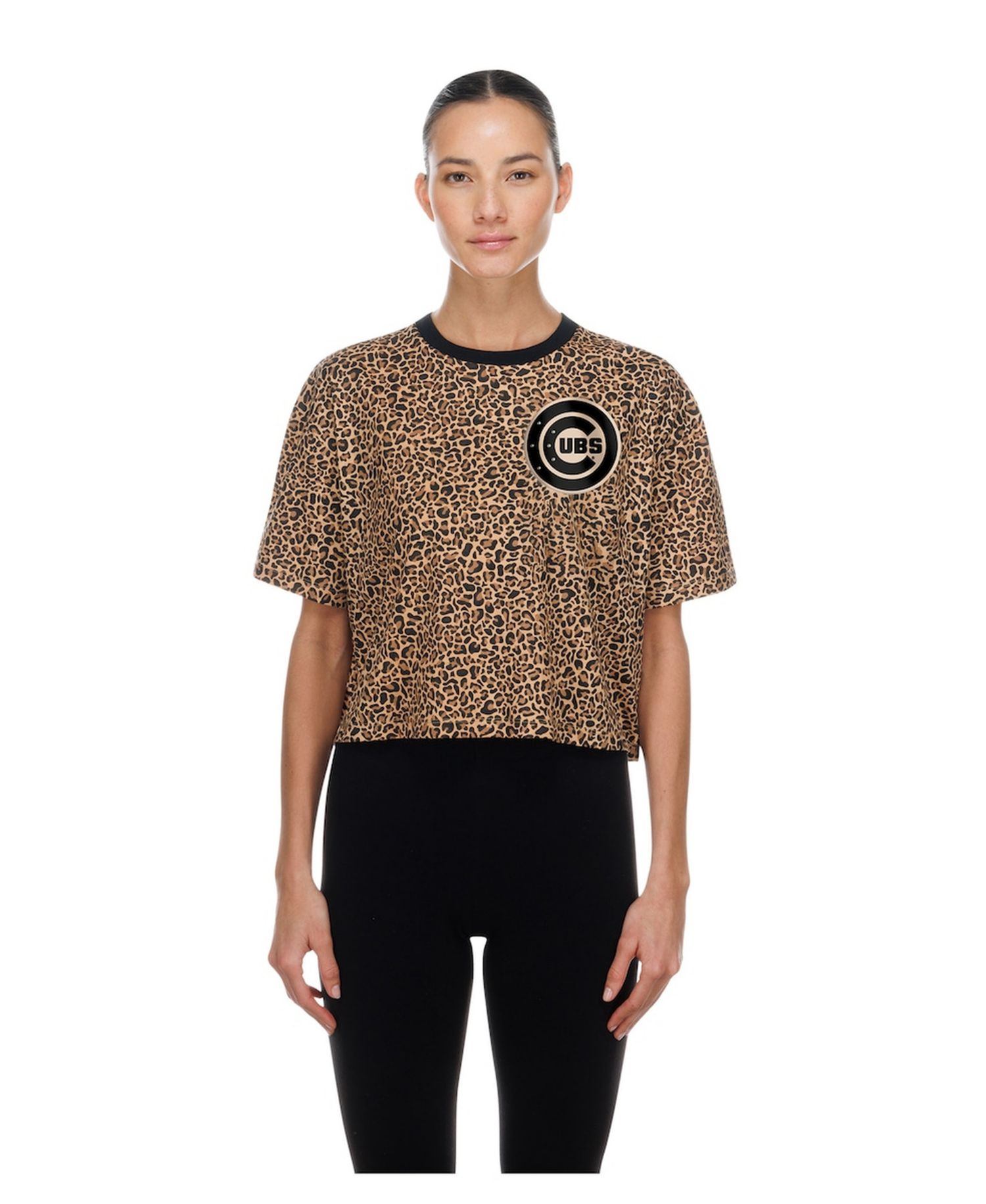 Women's Brown Chicago Cubs Leopard Boxy Cropped T-Shirt