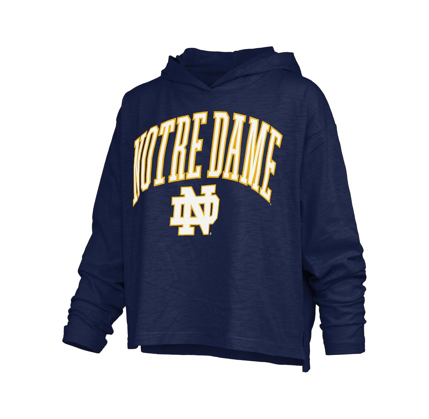 Women's Navy Notre Dame Fighting Irish Nelson Arch Over Logo Long Sleeve Hooded Slub T-Shirt