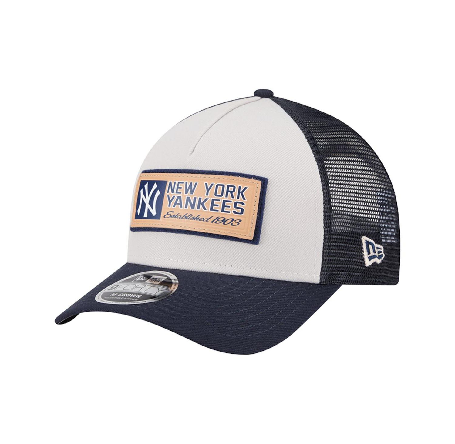 Men's Stone/Navy New York Yankees Text A-Frame Trucker 9FORTY Hat