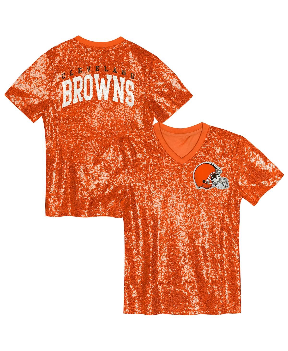 Outerstuff Big Girls Orange Cleveland Browns Wordmark Sequin V-Neck Top
