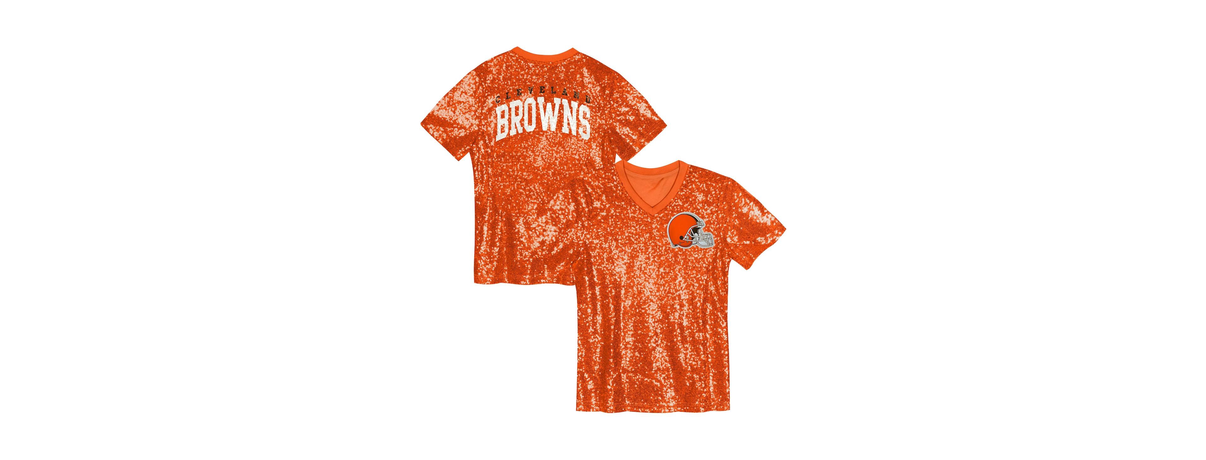 Outerstuff Big Girls Orange Cleveland Browns Wordmark Sequin V-Neck Top