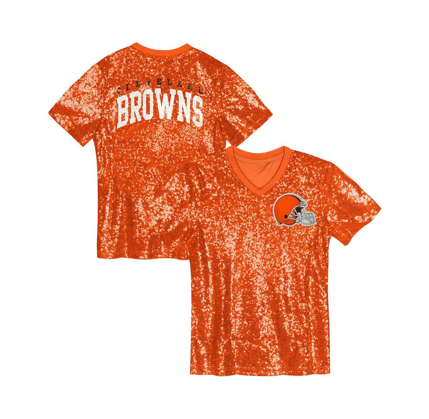 Big Girls Orange Cleveland Browns Wordmark Sequin V-Neck Top