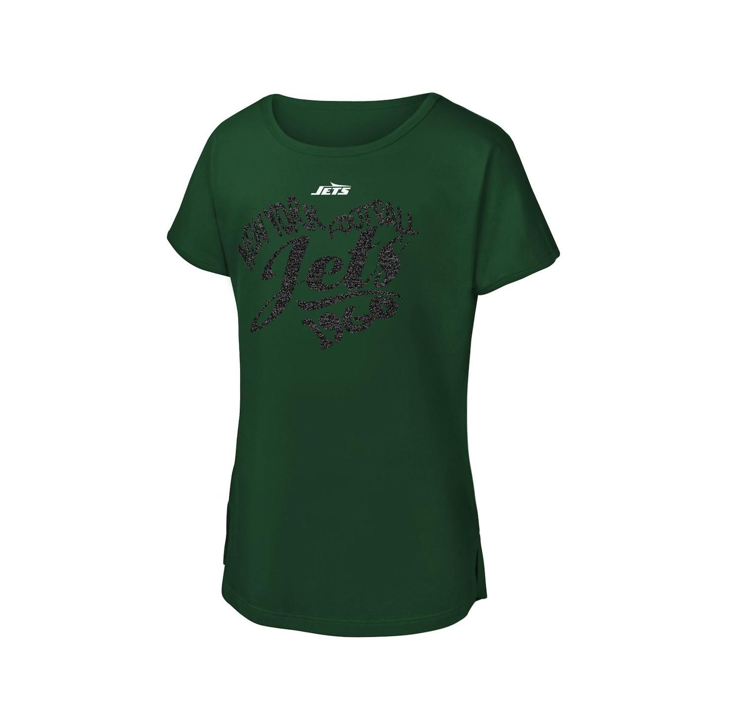 Big Girls Green New York Jets Script Heart Dolman T-Shirt