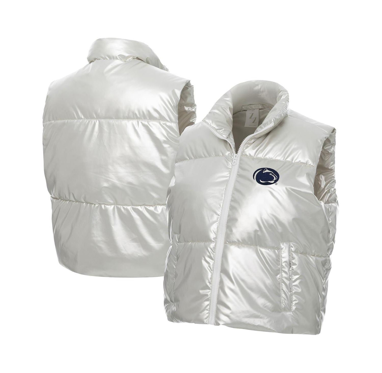 Women's Silver Penn State Nittany Lions Metallic Cropped Full-Zip Sleeveless Puffer Vest
