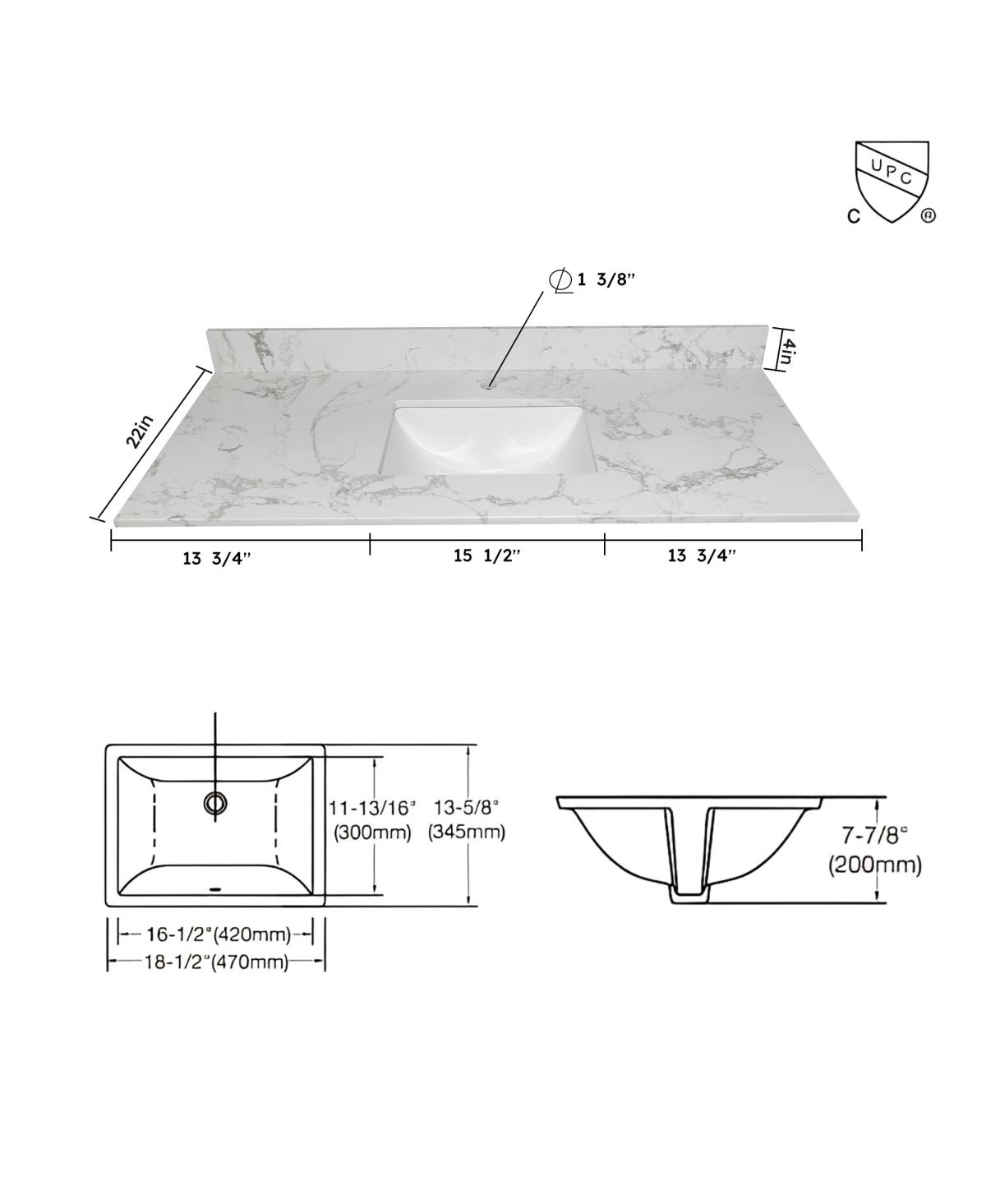 Sillysis 31/37/43 Inch Carrara Marble Stone Bathroom Vanity Top with Rectangular Undermount Sink and Backsplash