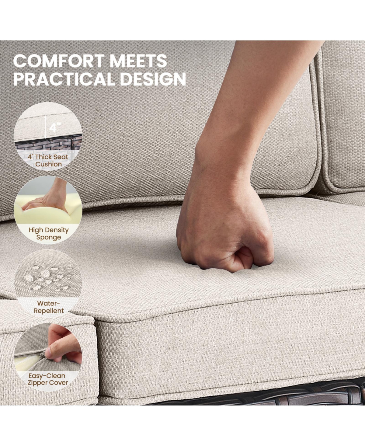 Pocassy Outdoor Patio Couch, 3 Seater Wicker Sofa with High Back, Deep Seating, Wide Armrest, Thickened Cushions