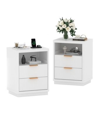Set of 2 Fluted Nightstands with Charging Station, 2-Drawer Bedside Tables with 2 Outlets and 2 USB Ports, Metal Handles