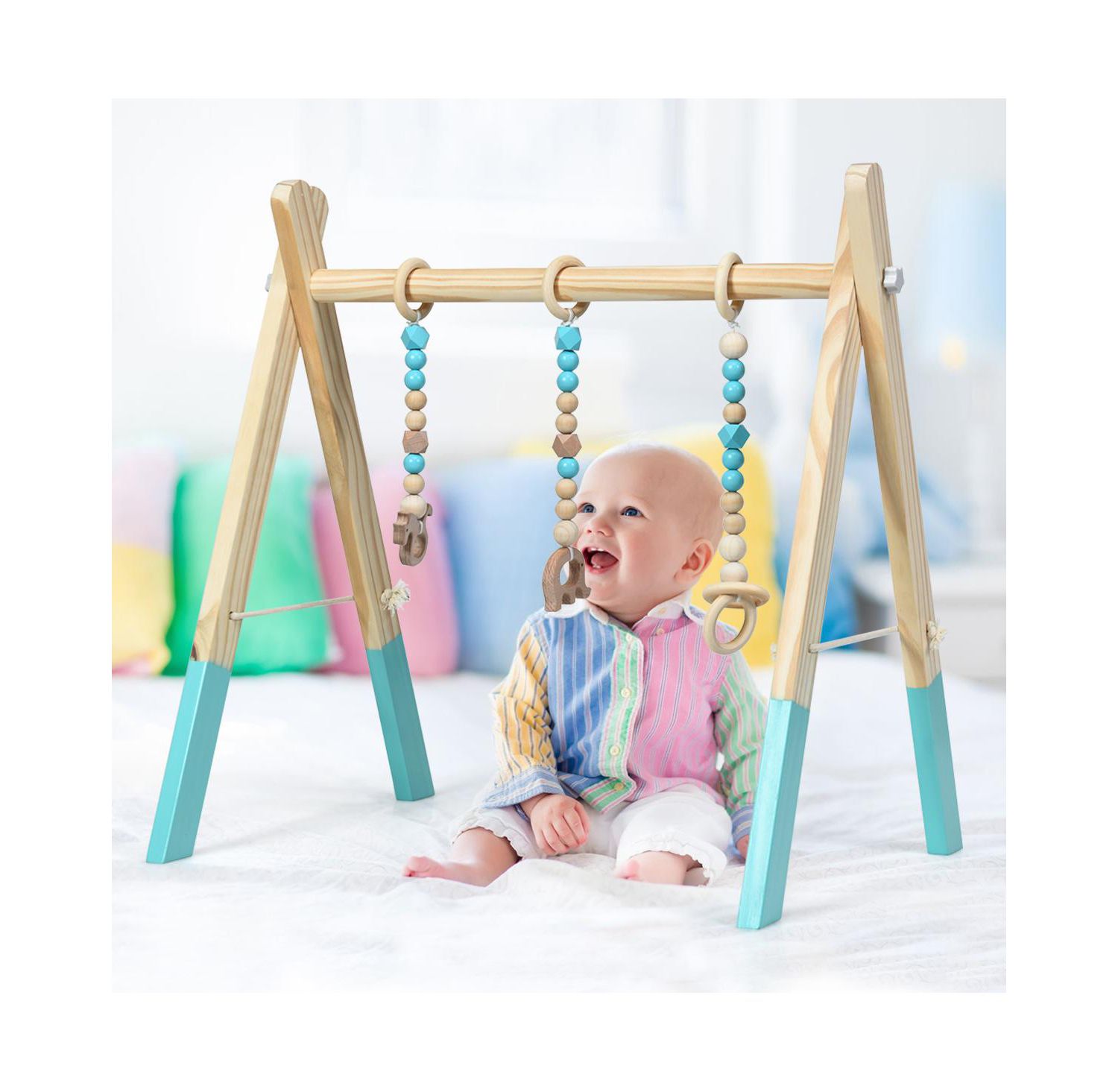 Toddler Wooden Gym with 3 Wooden Teething Toys Hanging Bar