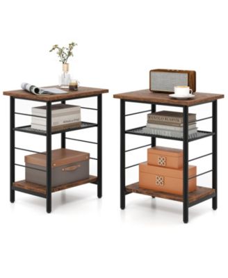 2Pieces 3-Tier Side End Table with Adjustable Mesh Shelf Narrow Nightstand
