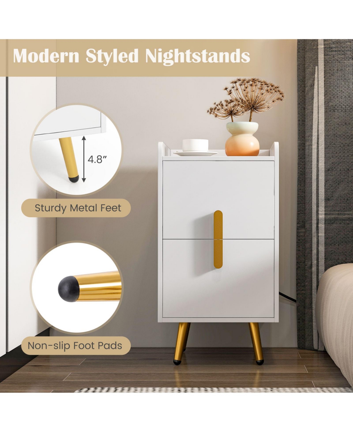 Gymax Set of 2 Nightstand w/ Charging Station Home Bedside Sofa Side Tables w/ 2 Drawers Cafe