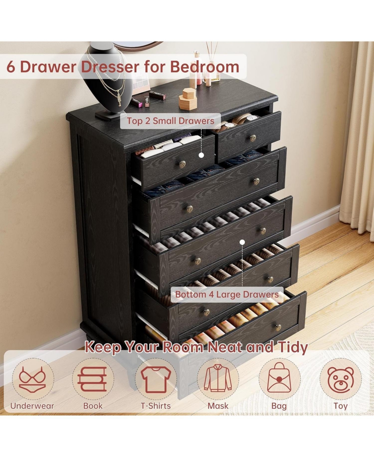 gaomon Drawer Tall Wood Dresser with Carved Handles & Tapered Legs