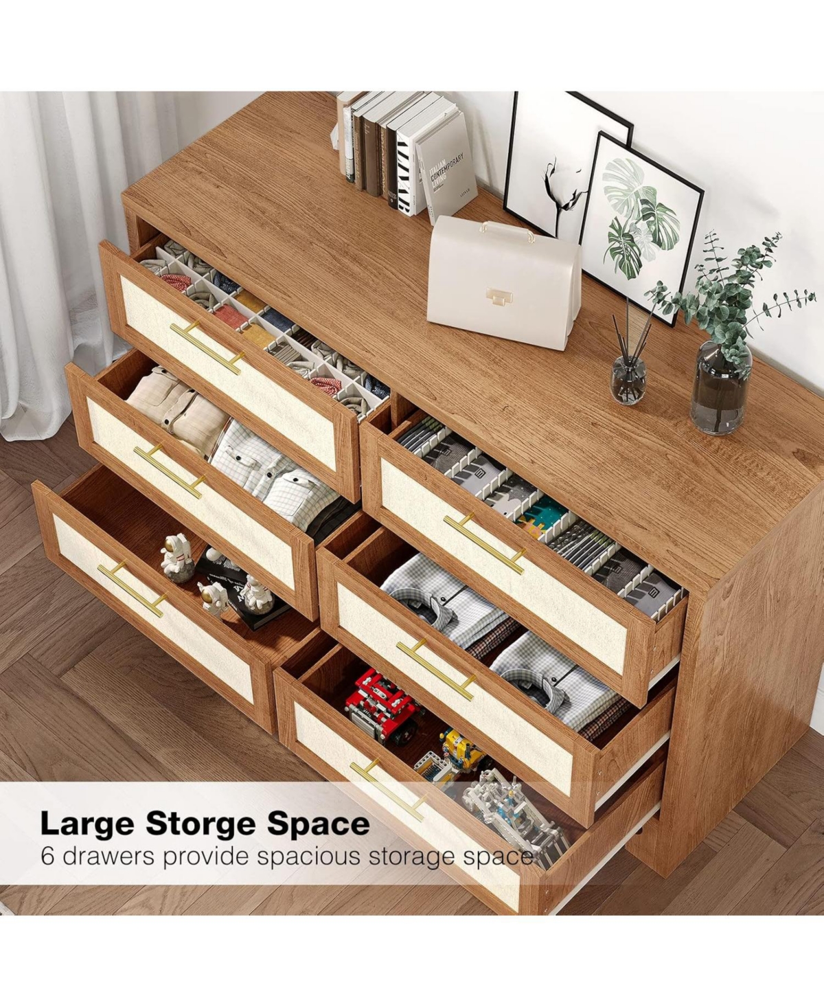 gaomon 6-Drawer Mid-Century Tv Stand, Wood Media Console with Legs