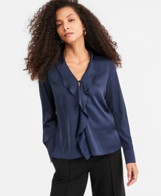 Women's Emmaggravi V-Neck Satin Puff-Cuff Long-Sleeve Blouse