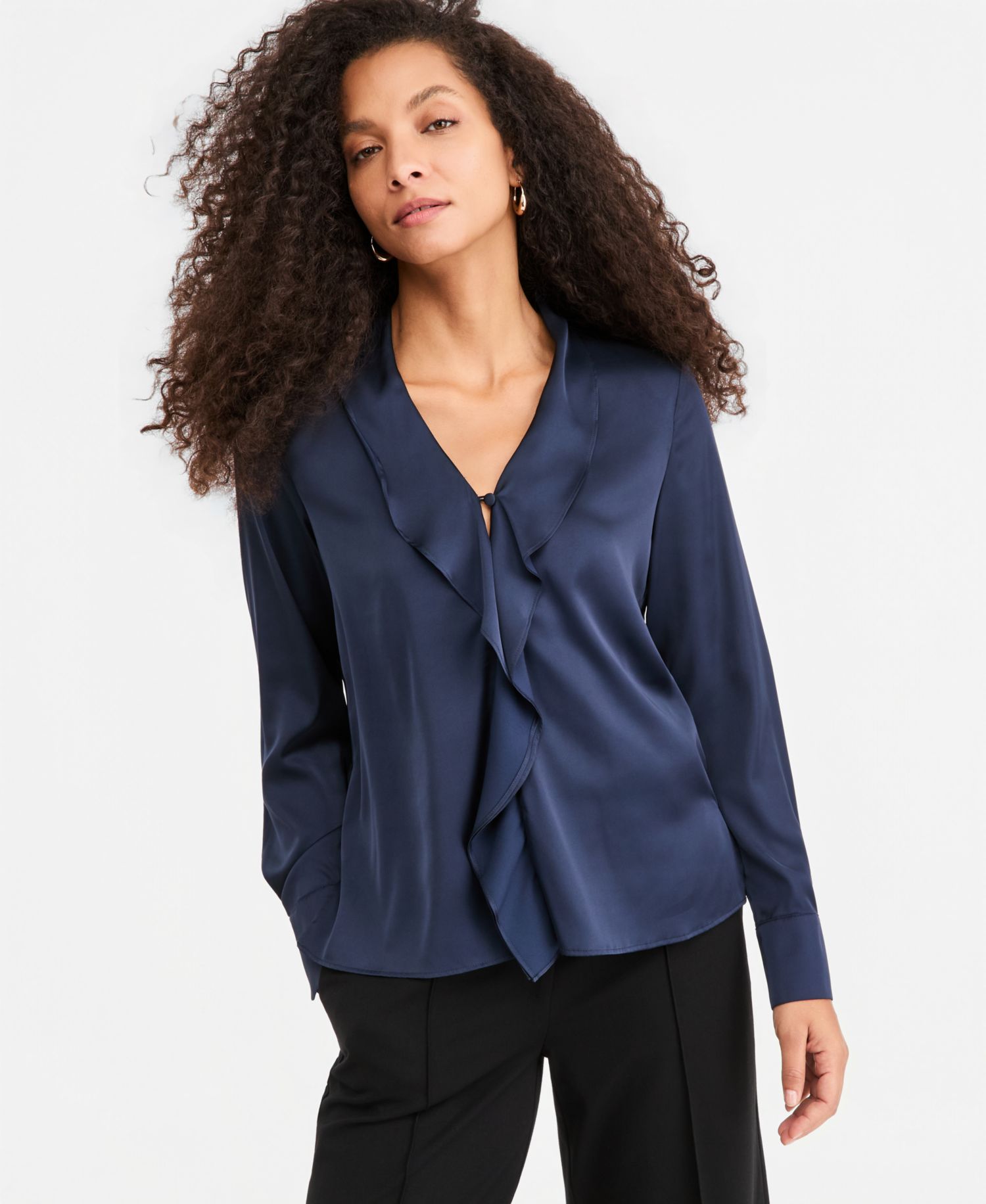 Women's Emmaggravi V-Neck Satin Puff-Cuff Long-Sleeve Blouse