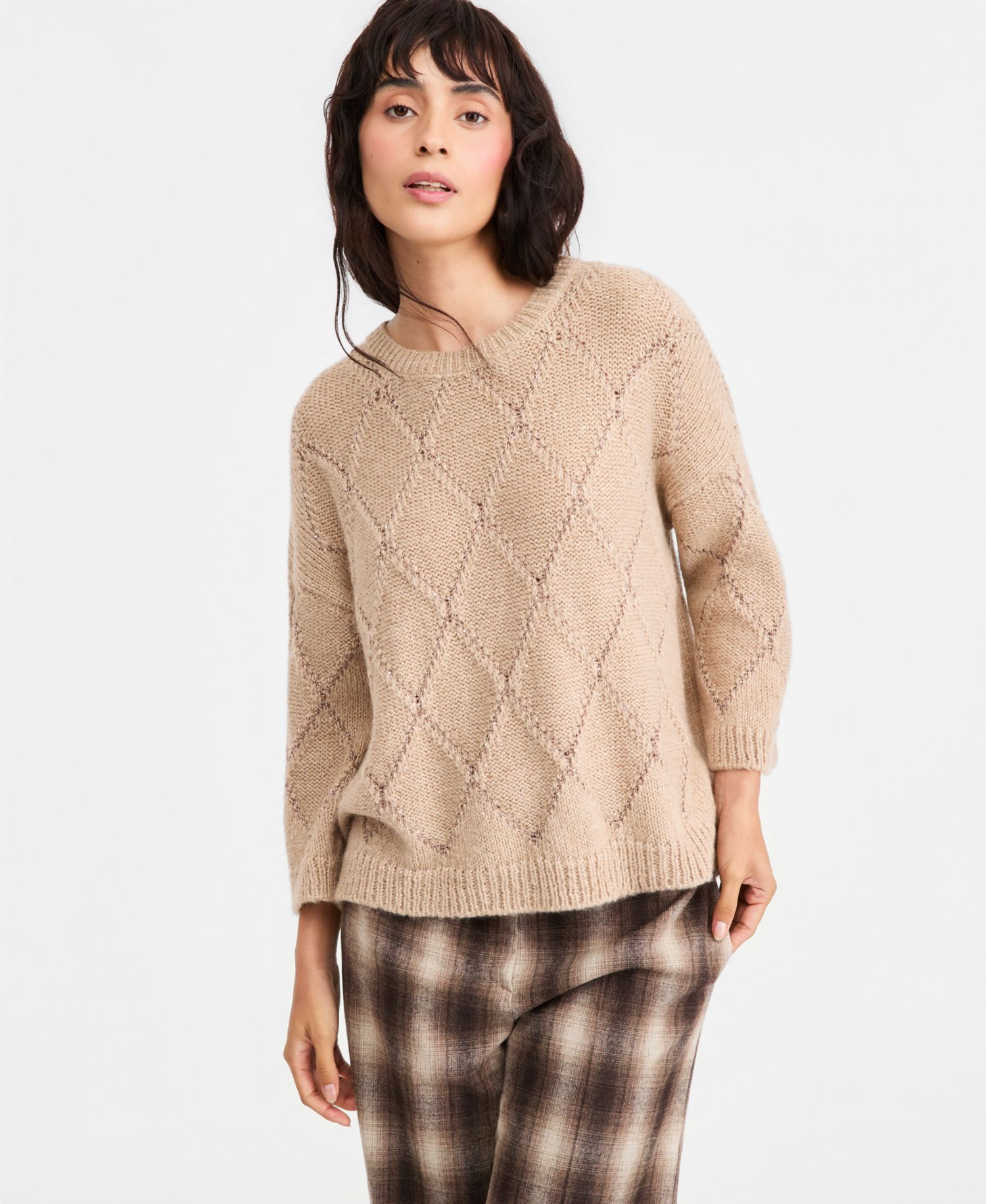 Women's Sequin-Embellished Diamond-Pattern Crewneck Sweater